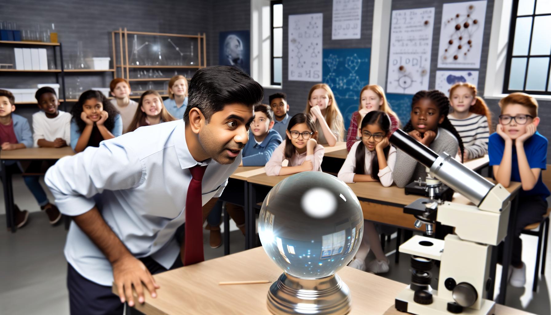 a science classroom with a teacher looking into a crystal ball and pupils watching with interest-1