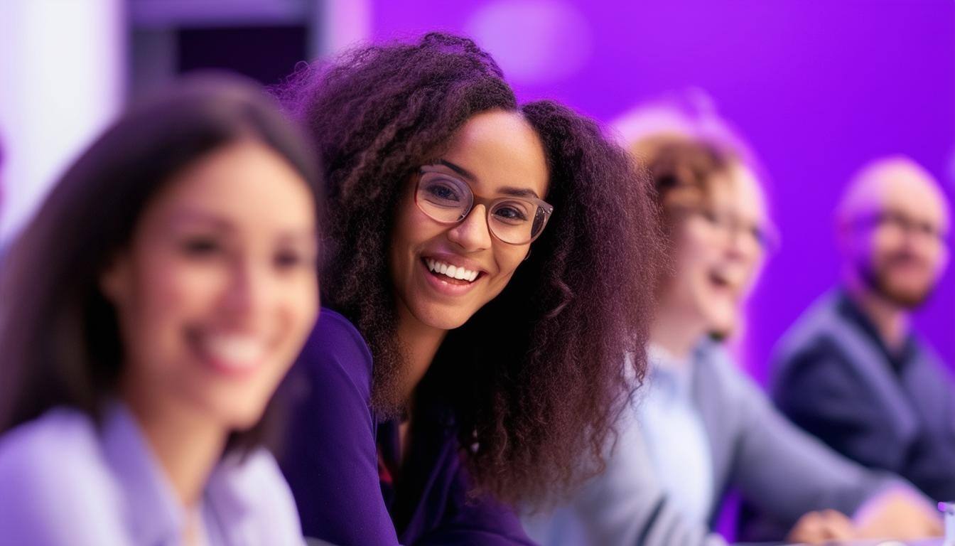 happy people in a meeting, purple colours in the bakground